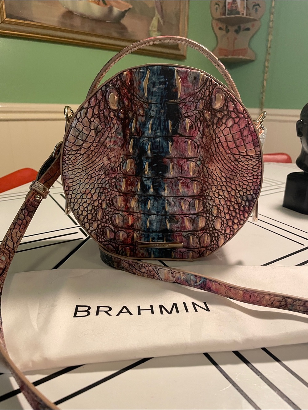 Brahmin Pink Blue Multi Croc-Embossed Round Crossbody Bag Intuition Melbourne Ln